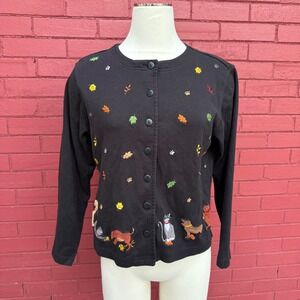 Bechamel Petites Black Cardigan Dogs Cats Leaves Embroidered Fall Womens Medium‎